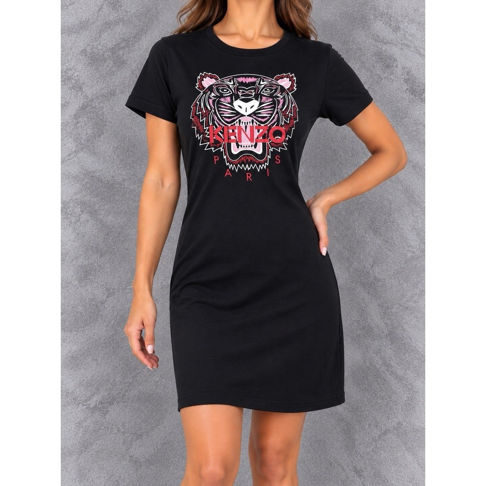 Kenzo Tiger T Shirt Dress Womens XS Black Logo Graphic Paris Mini Streetwear